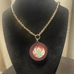 Artistic Gold and Red Cactus  Pendant Necklace